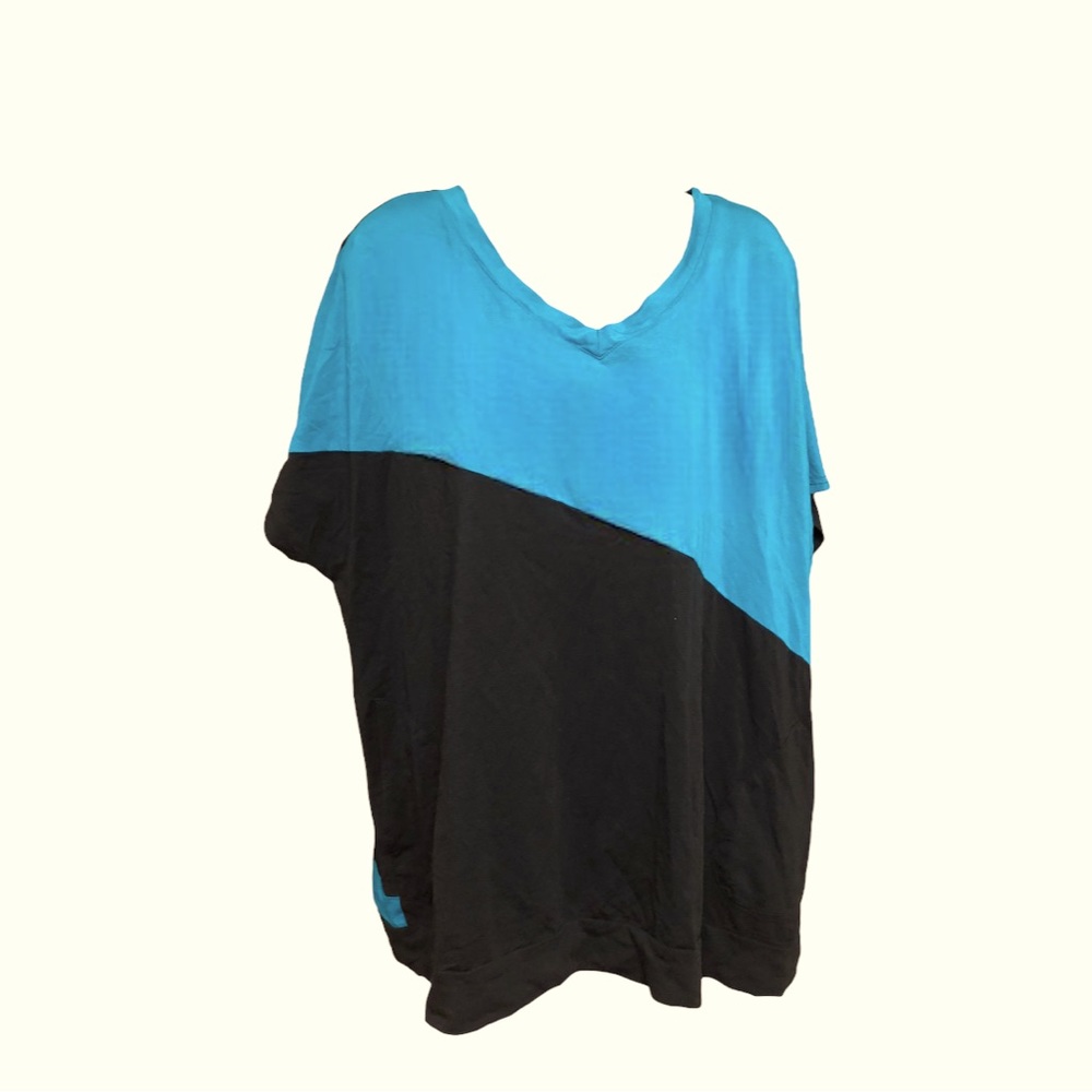 Size 3XL Black & Teal V Neck Short Sleeve Tunic Top.